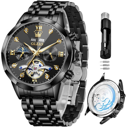 OLEVS Skeleton Men Watches Automatic Business Luxury Diamond Self Winding Watch for Men Stainless Steel Calendar Wrist Watch