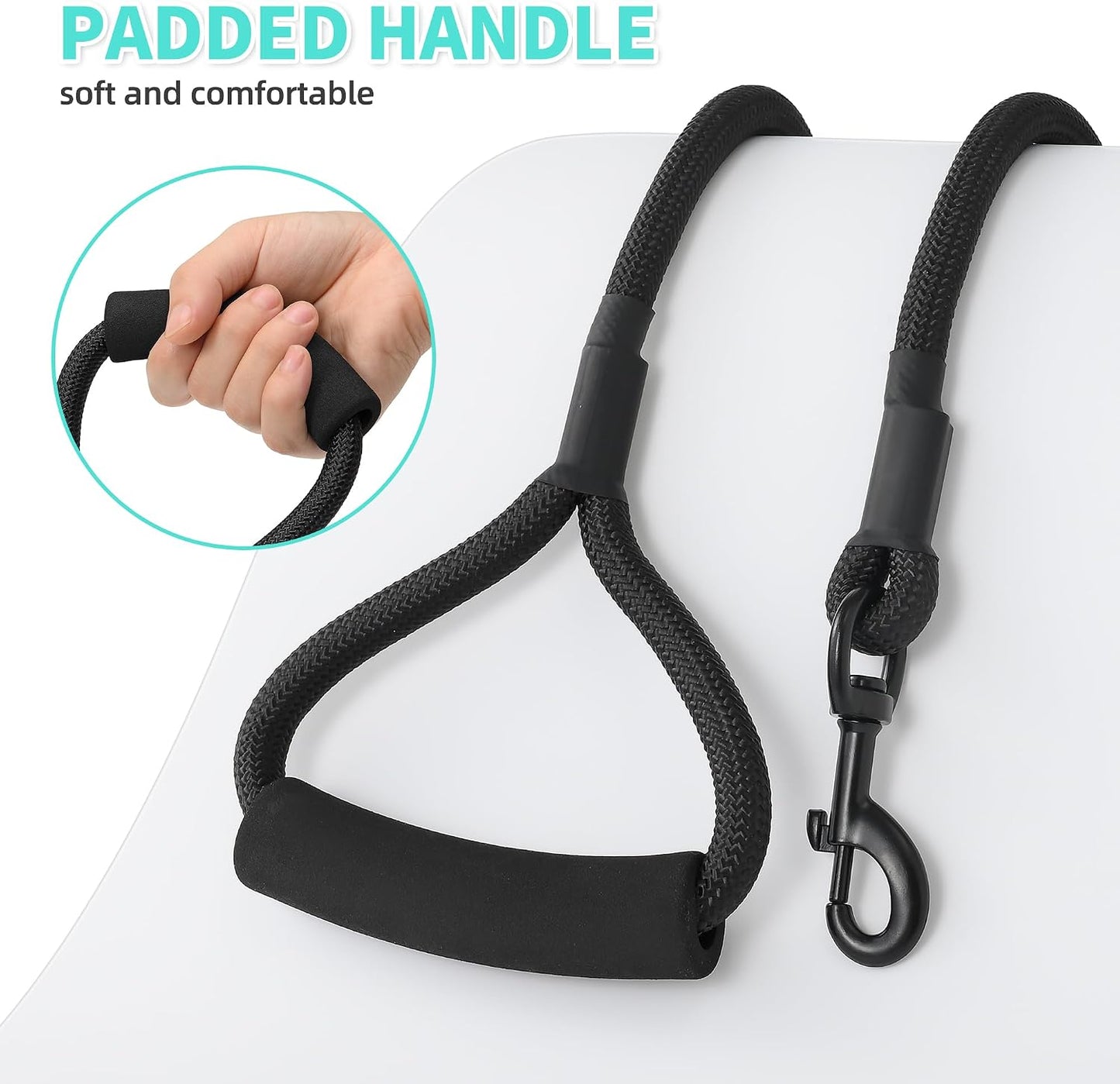 Mile High Life Dog Leash, 5FT x 1/2IN Black, with Padded Handle | Heavy-duty nylon rope leash with soft handle & steel tips. Comfortable grip for daily walks with small to large dogs.