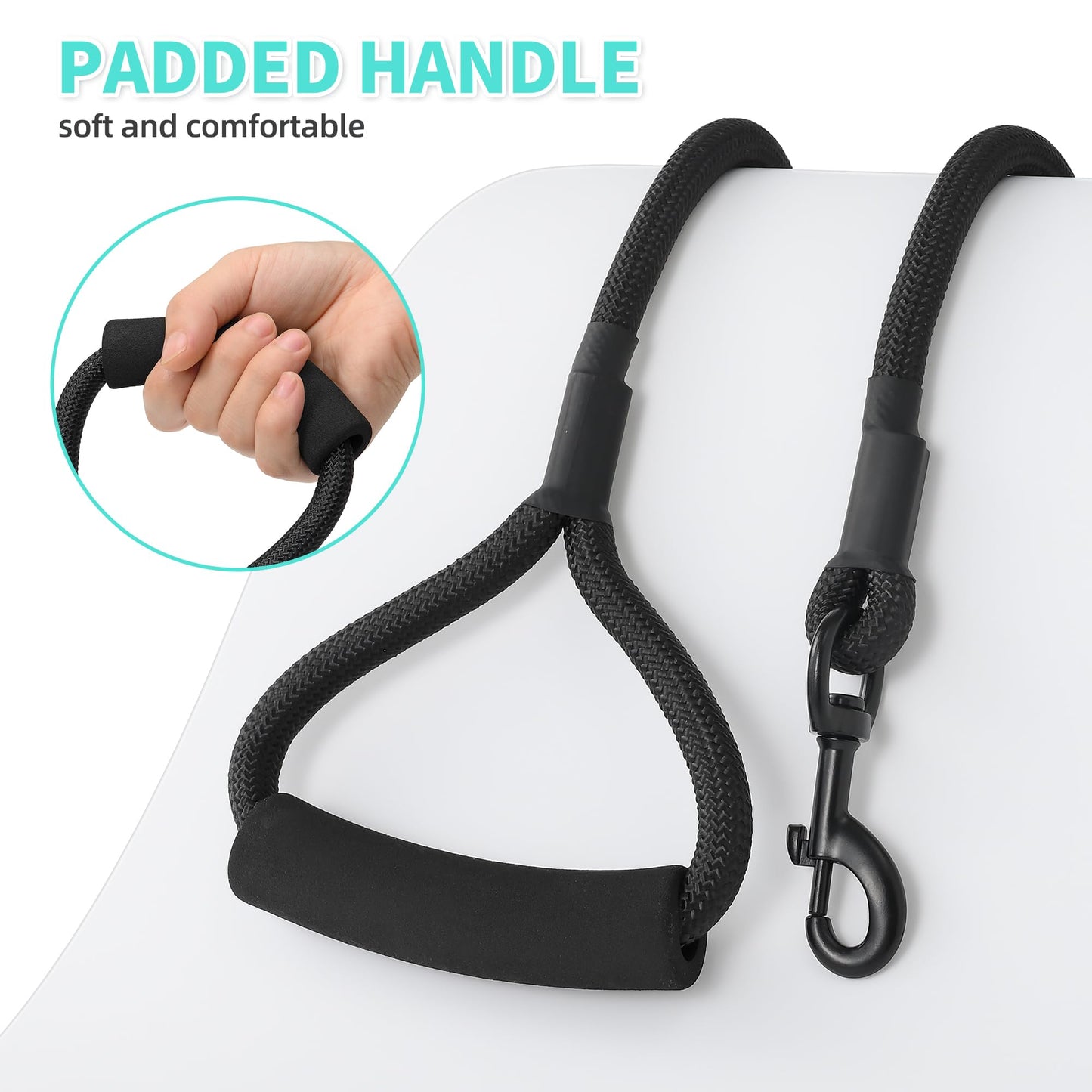 Mile High Life Dog Leash, 5FT x 1/2IN Black, with Padded Handle | Heavy-duty nylon rope leash with soft handle & steel tips. Comfortable grip for daily walks with small to large dogs.