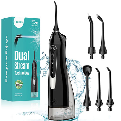 COSLUS ADA Accepted Water Dental Flosser Teeth Pick C20: Portable Cordless Oral Irrigator 300ML Rechargeable Travel Irrigation Cleaner IPX7 Waterproof Electric Flossing Machine, Professional Set Black