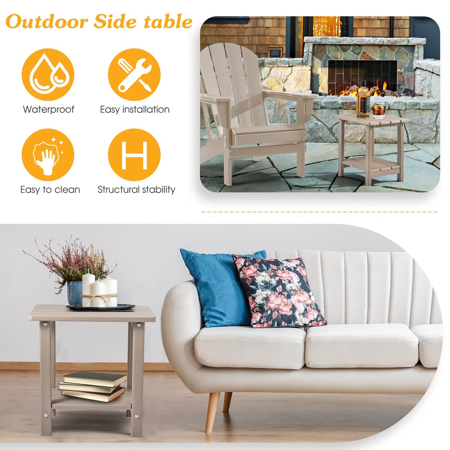 Apolimi Adirondack Outdoor Side Table, 2-Tier Sturdy Patio End Table Weather Resistant, 16.5" Solid Side Table for Patio, Pool, Porch