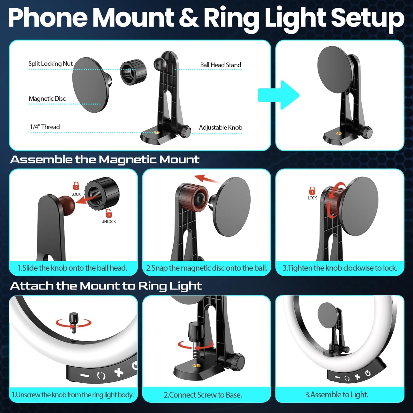 UBeesize 12'' LED Ring Light with 62'' Tripod Stand, Selfie Ring Light for Video Recording, Live Streaming, TikTok & YouTube, Compatible with iPhone & Android (Black)