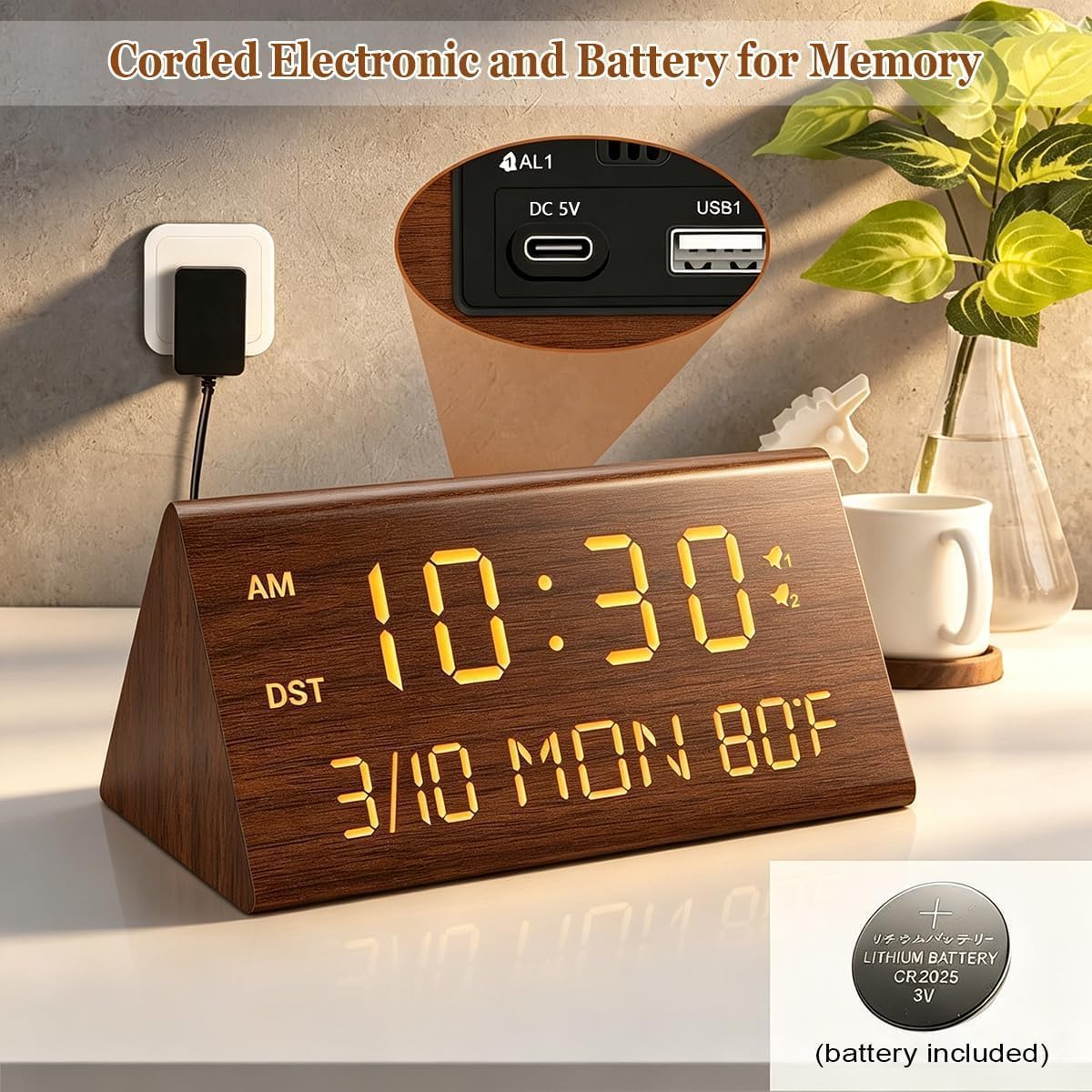 Kogonee Wooden Digital Alarm Clock, 0-100% Dimmer, 2 Alarm Settings, Weekday/Everyday Mode, 9 Mins Snooze, 12/24H, Temperature and Date Display for Office, Travel, Bedroom Alarm Clock (Brown)