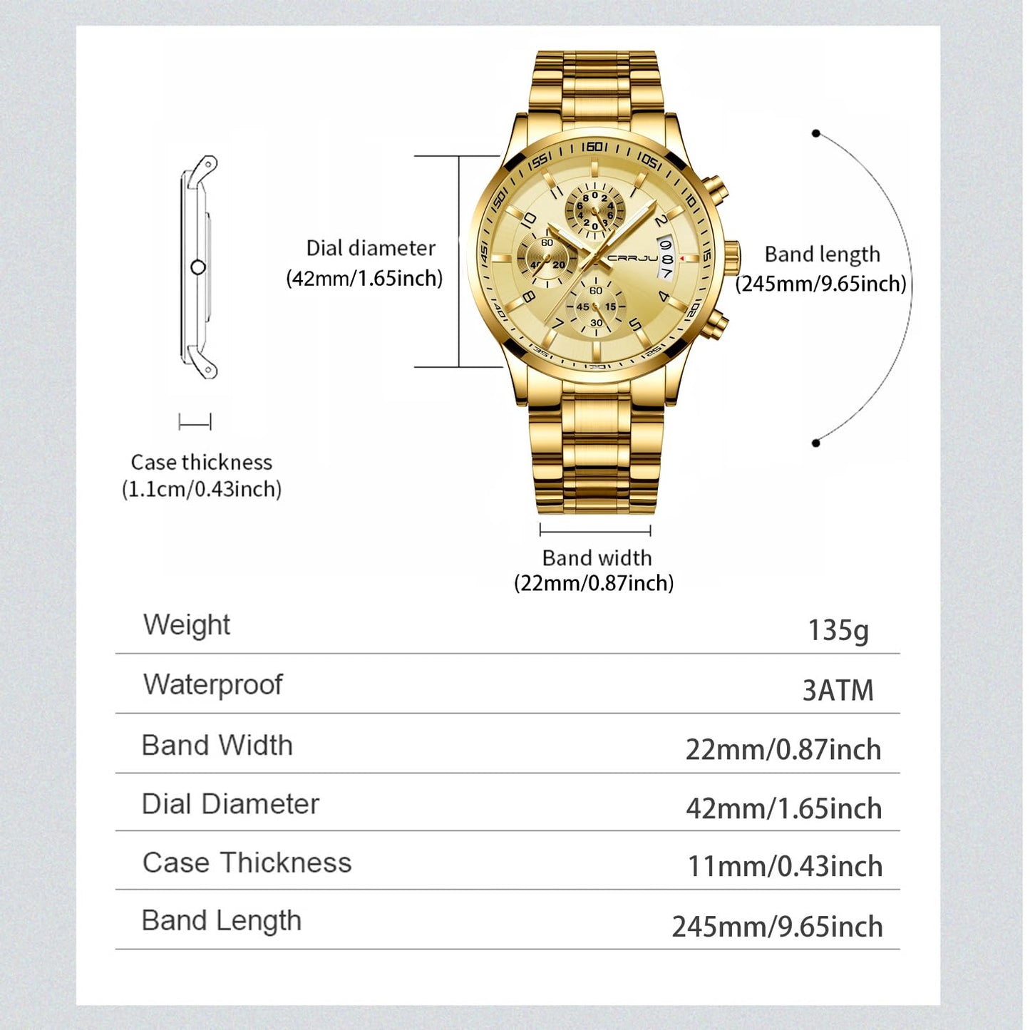 CRRJU Men's Fashion Stainless Steel Watches Date Waterproof Chronograph Wristwatches,Black Steel Band Waterproof Quartz Watch for Men