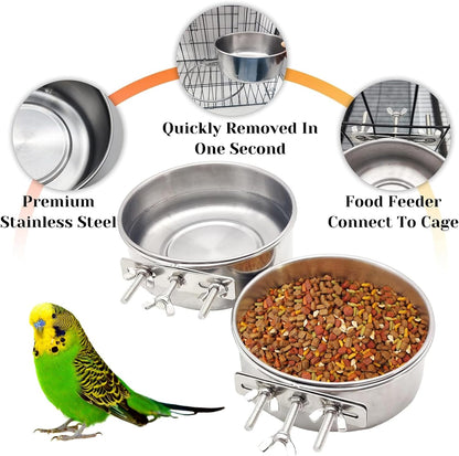 PINVNBY Parrot Feeding Cups Birds Food Dish Stainless Steel Parrot Feeders Water Cage Bowls with Clamp Holder for Cockatiel Conure Budgies Parakeet Parrot Macaw Small Animal Chinchilla Pack of 2