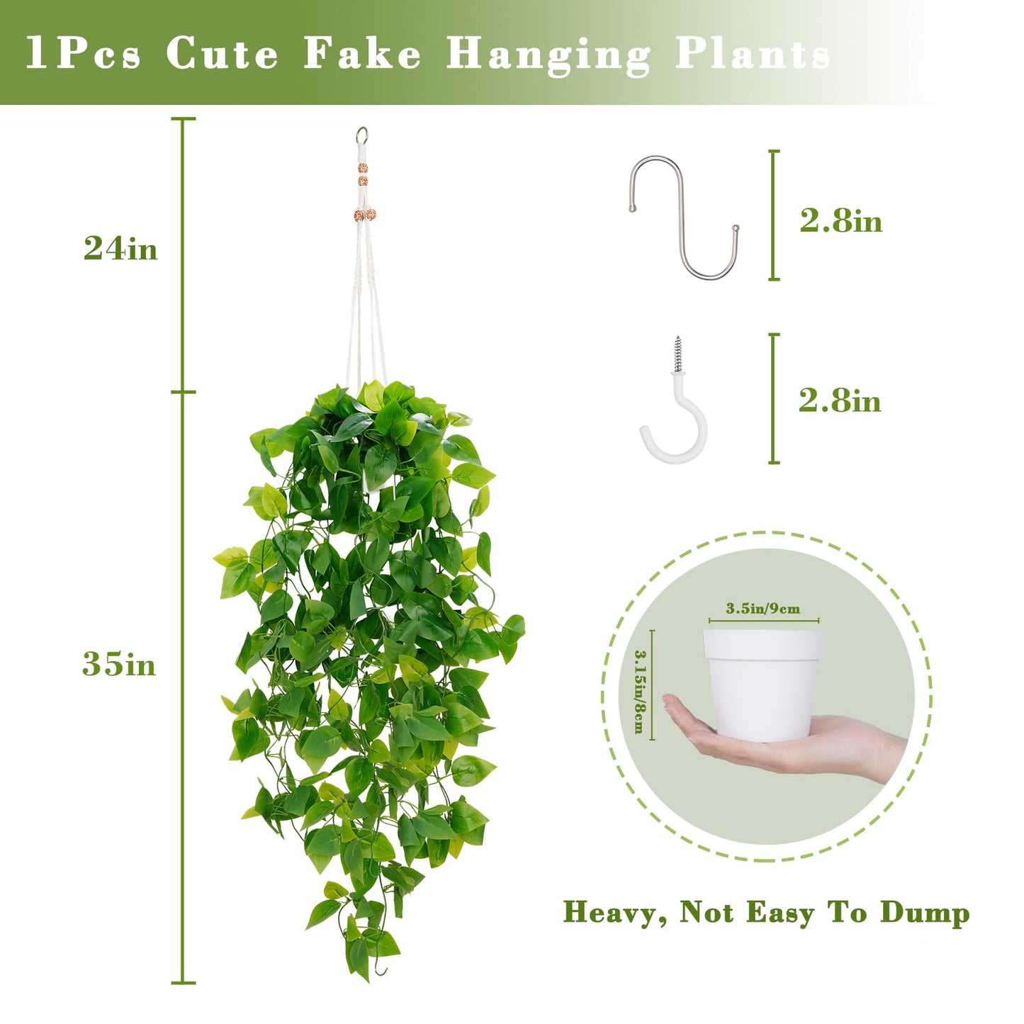 BLEUM CADE Fake Hanging Plants, 2pcs Artificial Pothos Vines Faux Plants Greenery for Wall Home Living Room Office Indoor Outdoor Decor (No Baskets)