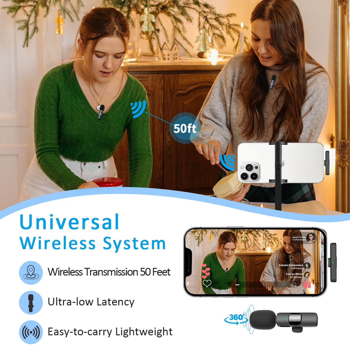 MAYBESTA Wireless Mini Microphone for iPhone, Android Phone - 2 Pack Lavalier Lapel Mic for Audio Video Recording - Clip on Content Creator Microphones for YouTube Tiktok Podcast Vlogging