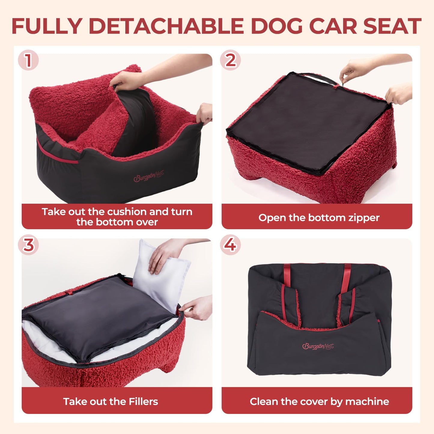 BurgeonNest Dog Car Seat for Small Dogs, Soft Pet Car Travel Home Bed Under 25 lbs, Fully Detachable and Washable Cat Booster Carseats with Storage Pockets and Clip-On Leash Portable Carrier,Black