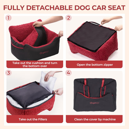 BurgeonNest Dog Car Seat for Small Dogs, Soft Pet Car Travel Home Bed Under 25 lbs, Fully Detachable and Washable Cat Booster Carseats with Storage Pockets and Clip-On Leash Portable Carrier,Black