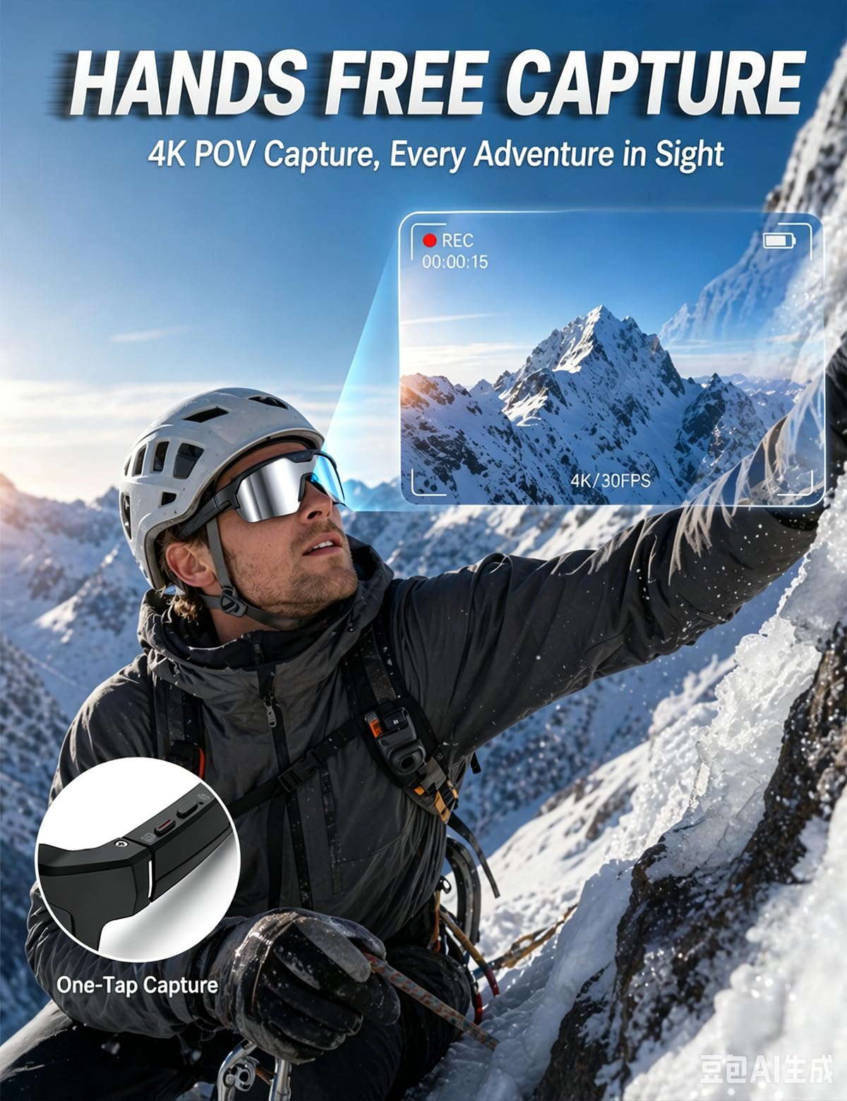 AI Smart Glasses with 30MP Camera, 4K HD Video Recording and Bluetooth Sport Glasses with ChatGPT Voice Real-Time Translation,IP66 UV400 Sunglasses for Baseball, Cycling & Hiking Black