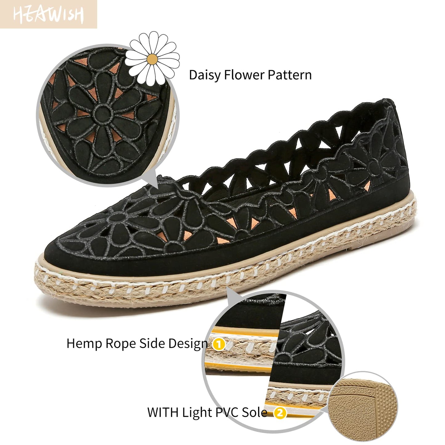 HEAWISH Women’s Ballet Flat Daisy Round Toe Dress Shoes Casual Slip On Rope Loafer