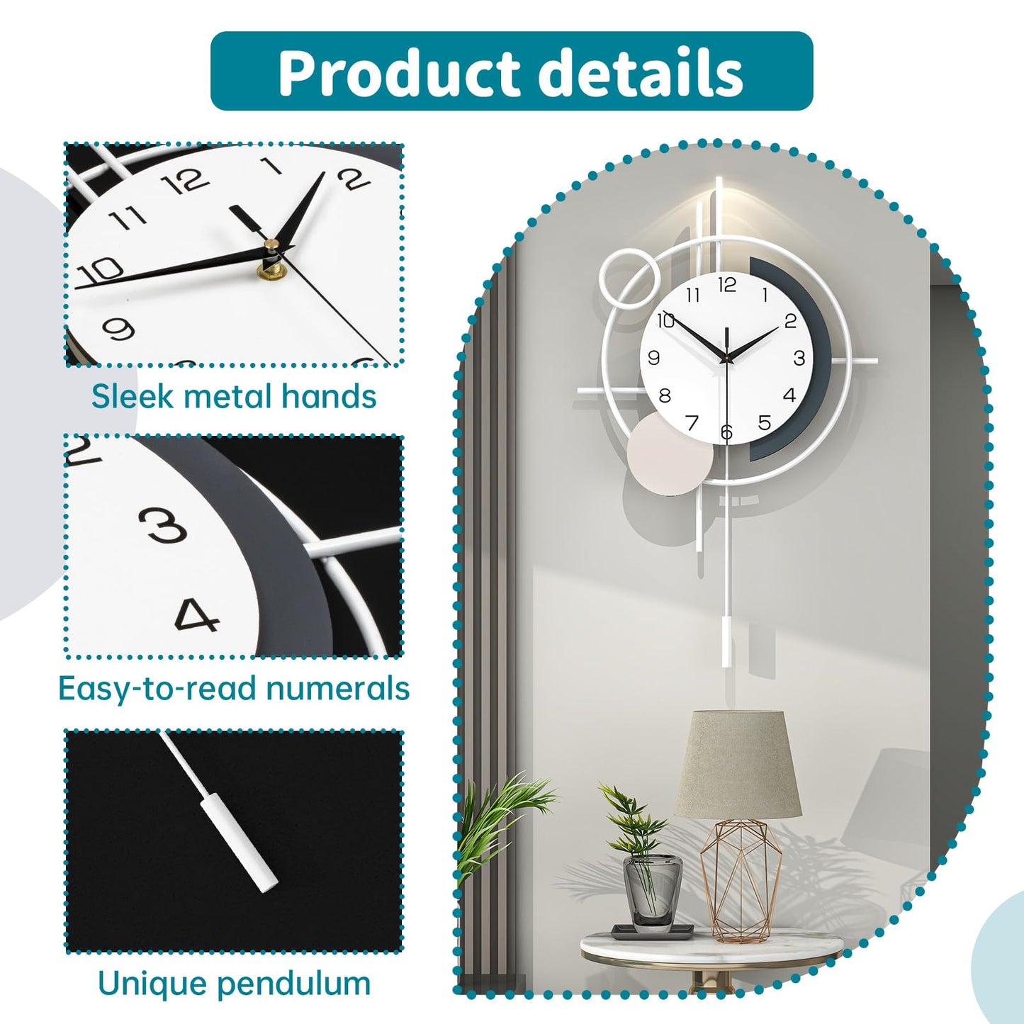 Wall Clock Decorative Large Modern Wall Clock Silent Non-Ticking Battery Operated Gold Unique Pendulum Clock for Living Room,Bedroom,Office,Kitchen,Bathroom,Wall Decor 13.8x21.9in