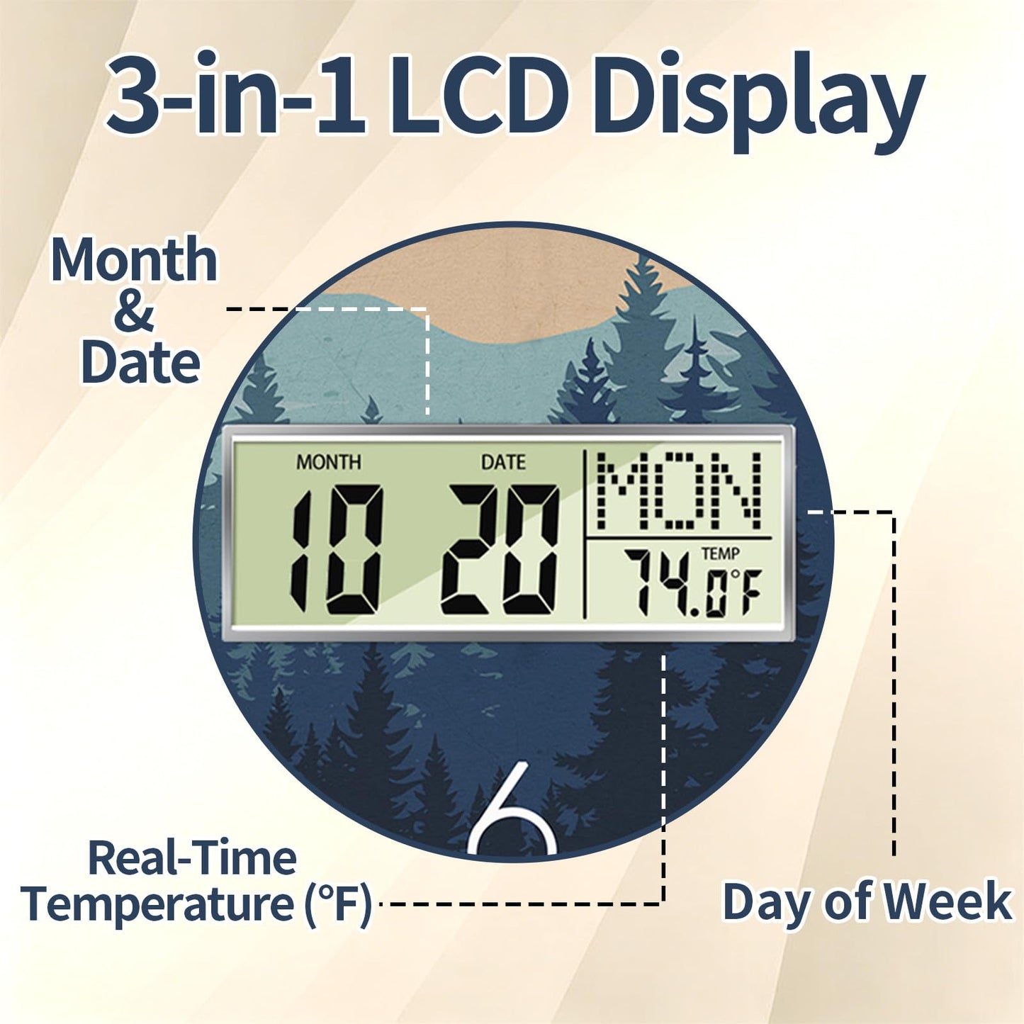 Wilderness Sunset Wall Clock, 12 Inch Silent Non-Ticking Battery Operated Analog Clock with LCD Date Day Temp Display, Decorative for Living Room, Bedroom, Kitchen, Office, Farmhouse, Cabin