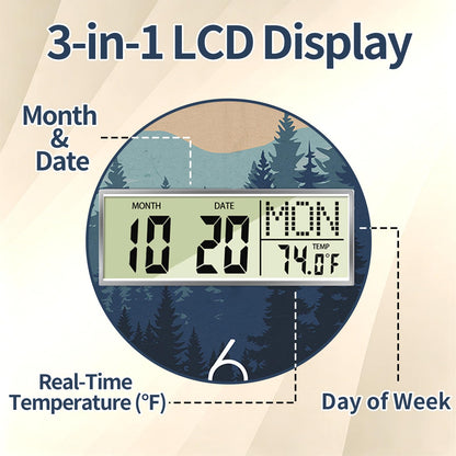 Wilderness Sunset Wall Clock, 12 Inch Silent Non-Ticking Battery Operated Analog Clock with LCD Date Day Temp Display, Decorative for Living Room, Bedroom, Kitchen, Office, Farmhouse, Cabin
