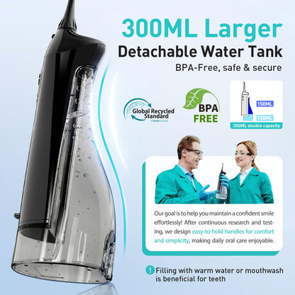 COSLUS ADA Accepted Water Dental Flosser Teeth Pick C20: Portable Cordless Oral Irrigator 300ML Rechargeable Travel Irrigation Cleaner IPX7 Waterproof Electric Flossing Machine, Professional Set Black
