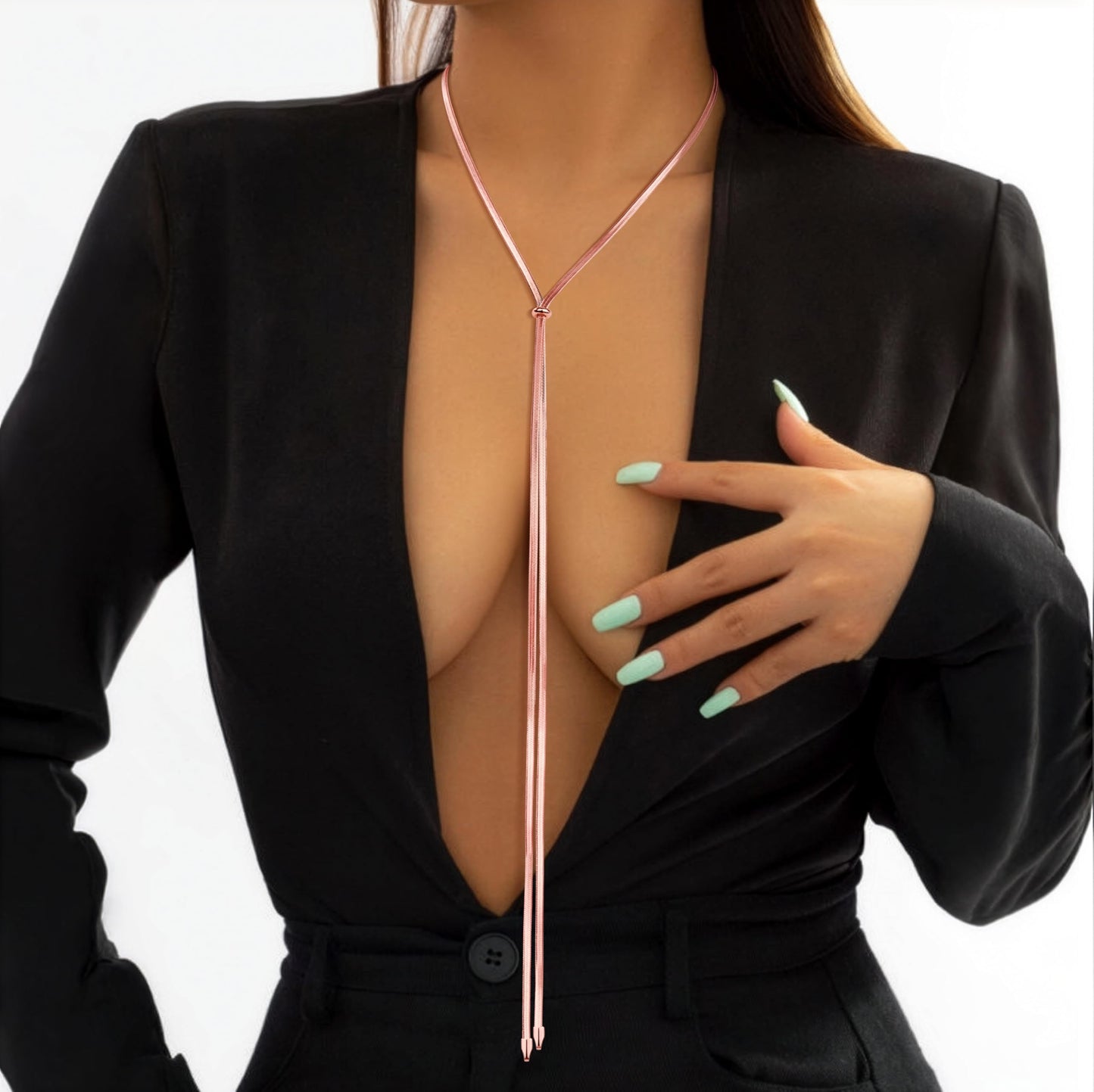 Chunky Long Y Necklace for Women, Waterproof Herringbone Drop Dangle Necklace, Adjustable Lightweight Trendy Fashion Slip Tie Necklace, Thin Layered Choker Chest Chain