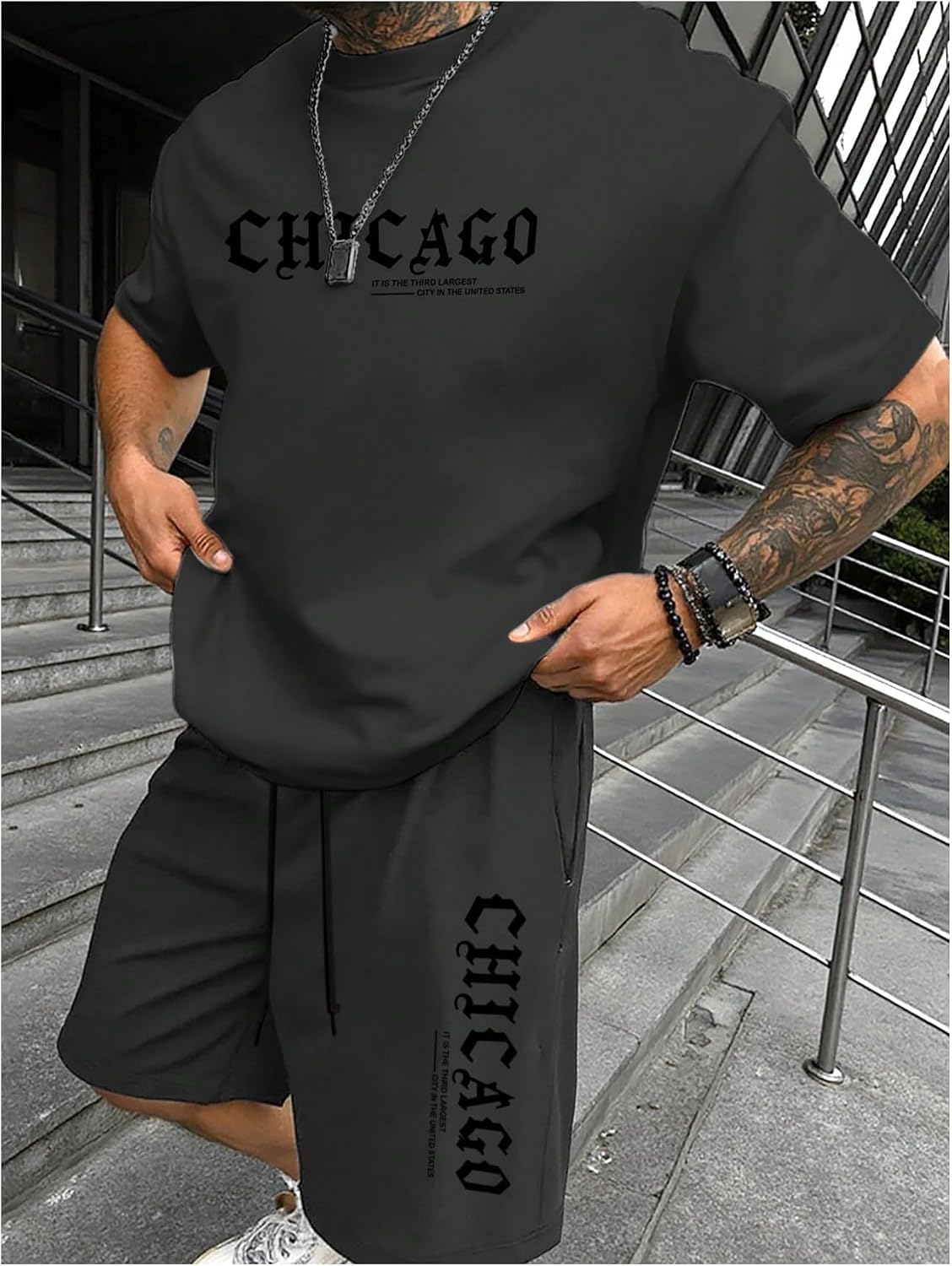 VIPWOLF Men's 2 Piece Outfits Graphic Short Sleeve T-Shirt and Drawstring Shorts Streetwear Casual Y2k Summer Clothes Grey Medium