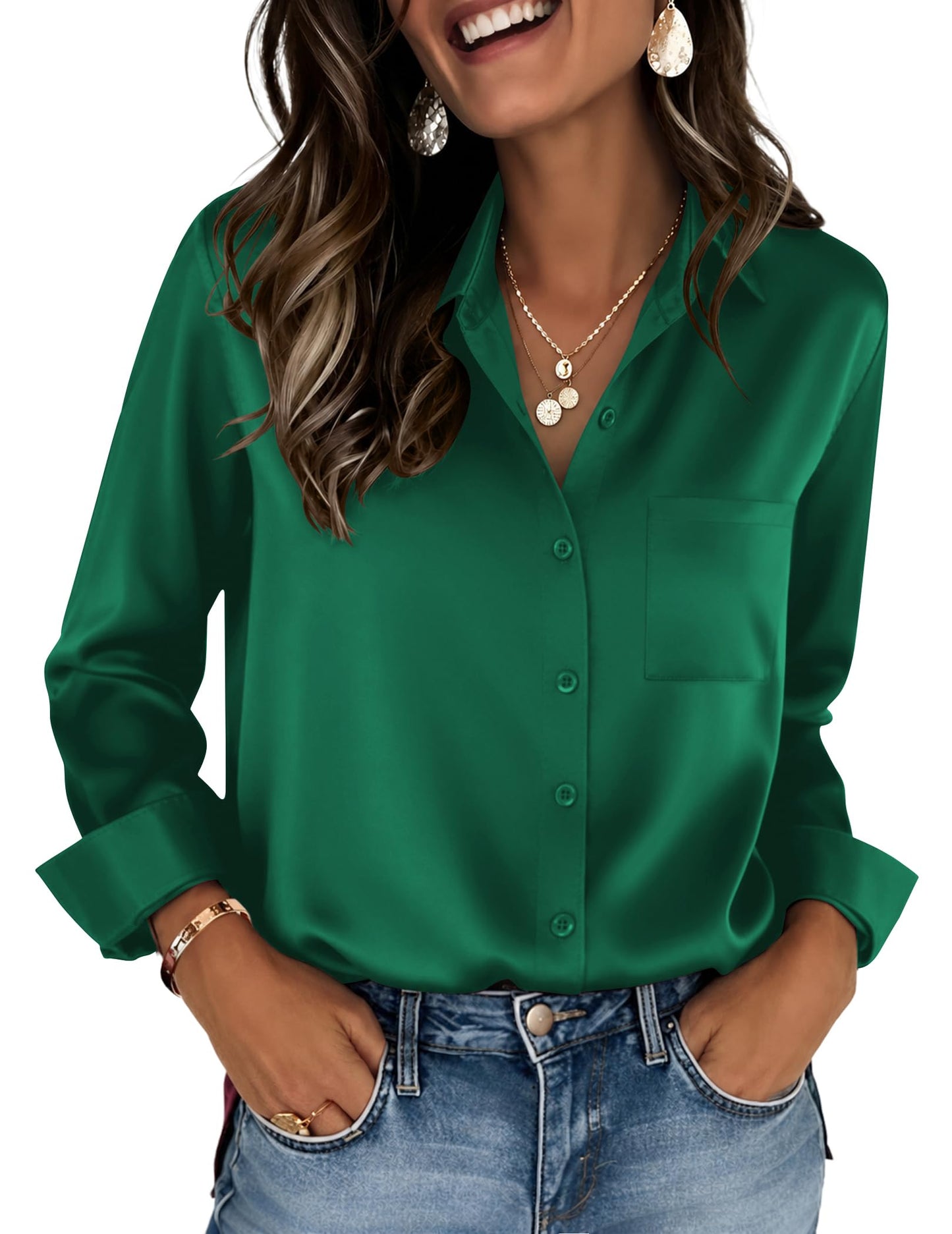 Zeagoo Womens Tops Satin Blouse Long Sleeve Shirts V Neck Dressy Casual | Button Down Business Outfits Fall Fashion With Pockets