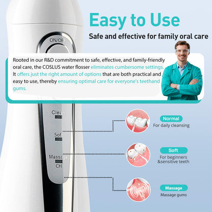 COSLUS ADA Accepted Water Dental Flosser Teeth Pick C20: Portable Cordless Oral Irrigator 300ML Rechargeable Travel Irrigation Cleaner IPX7 Waterproof Electric Flossing Machine, Professional Set Black
