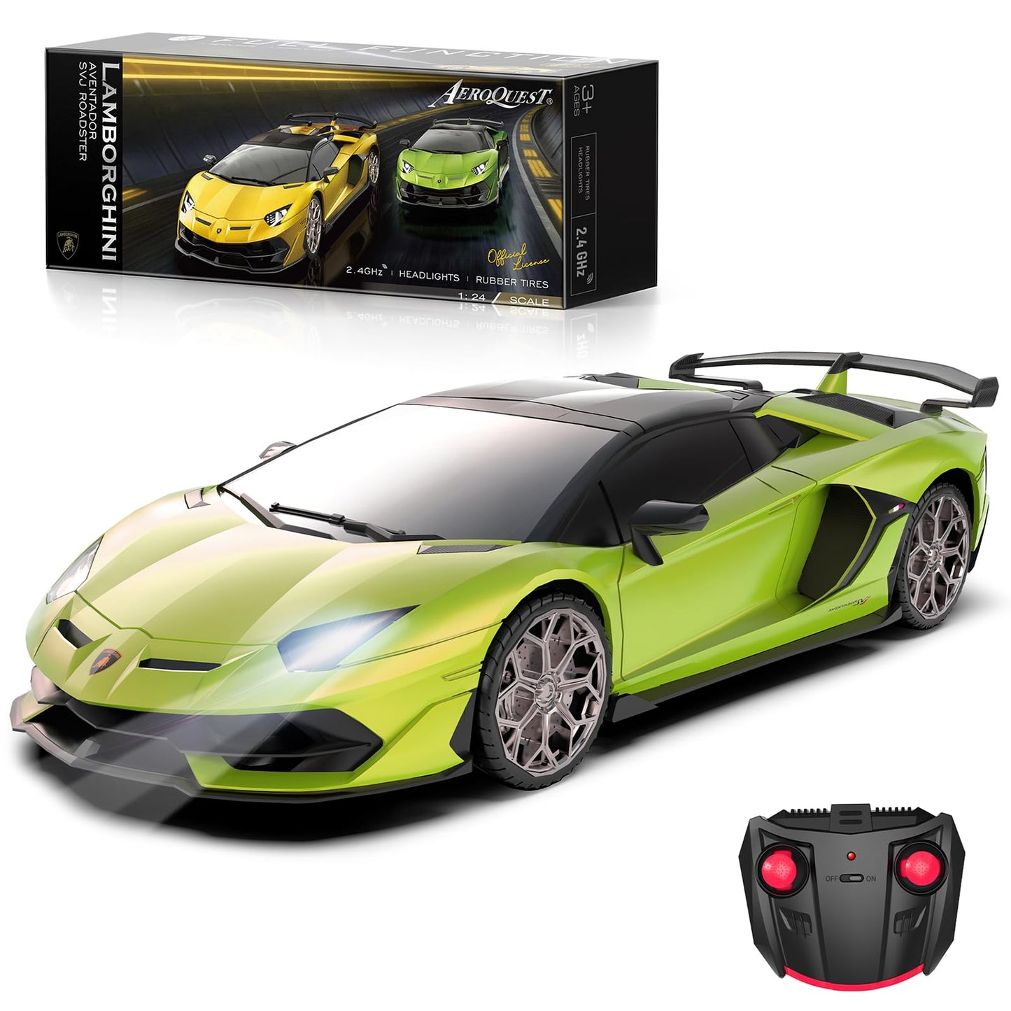 AEROQUEST 1:24 Lamborghini Remote Control Car （Green） | Officially Licensed,Birthday Gift,Toys for ages 3-8,Aventador SVJ Mode,Electric Sport Racing,Hobby RC Cars