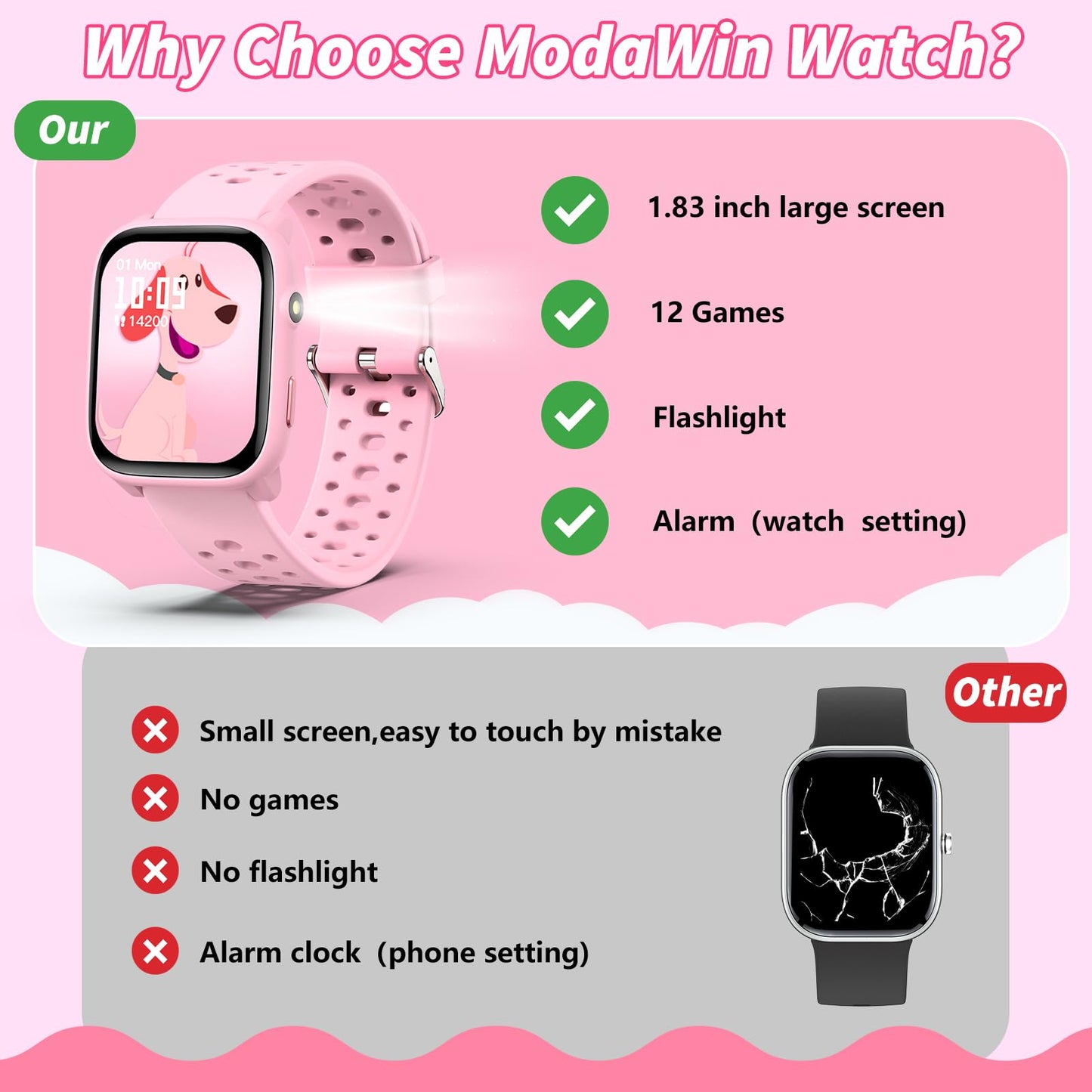 Smart Watch for Kids with 12 Puzzle Games, 1.83" Fitness Tracker Watch Heart Rate Sleep Monitor, Pedometer, Alarm Clock, Flashlight, Gift for 6-12 Year Old Boys Girls