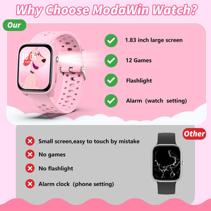 Smart Watch for Kids with 12 Puzzle Games, 1.83" Fitness Tracker Watch Heart Rate Sleep Monitor, Pedometer, Alarm Clock, Flashlight, Gift for 6-12 Year Old Boys Girls