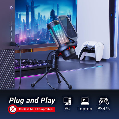 TONOR Gaming Microphone Set with Boom Arm, Vocal Condenser Microphone for PC with Stand, USB Mic with controllable RGB Light, One Tap Mute, Volume Control, for Discord, Twitch Streaming, TC310+