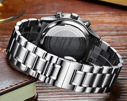CRRJU Men's Fashion Stainless Steel Watches Date Waterproof Chronograph Wristwatches,Black Steel Band Waterproof Quartz Watch for Men