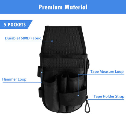 KENOBE 5-Pockets Tool Pouch, Black Tool Pouch Organization, Heavy-Duty Electrician Tool Pouches for Electrician, Carpenter, Construction, Technician, Side Belt Pouch, Small Electrician Holster