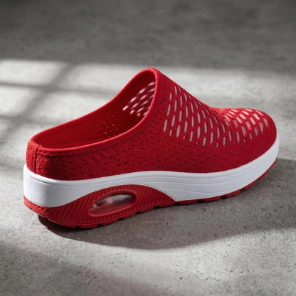 Women's Mesh Stretch Knitted Air Cushion Mule Clogs Fashion Comfortable Closed Round Toe Breathable Slip On Wedge Orthopedic Mules Sneaker for Summer Casual Beach Walking Slippers