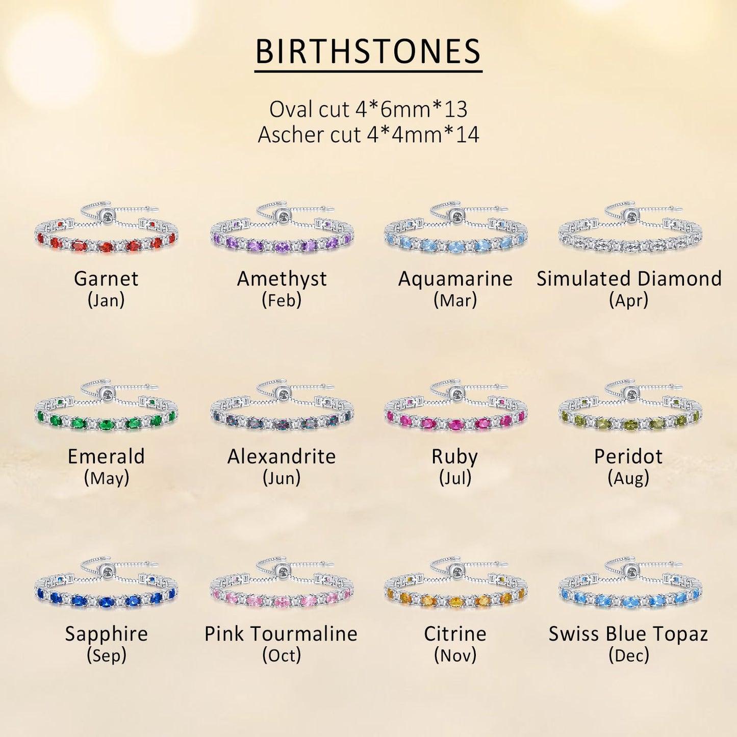 Sterling Silver Birthstone Bracelets for Women White Gold Tennis Bracelets Adjustable Chain 6-9 Inchs Jewelry Hypoallergenic Anniversary Birthday Gifts for Women Mom Wife Her