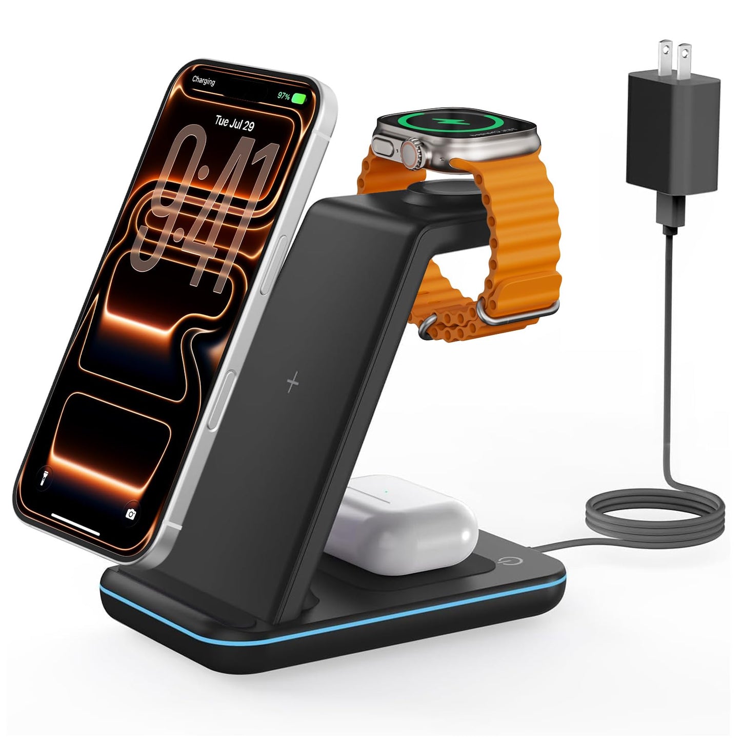 JoyGeek 3 in 1 Charging Station for Apple Devices, Wireless Charger Stand for iPhone 17/16/15/14/13/12/11/SE/X Pro Max Plus - Apple Watch 11/10/9/Ultra 2/8/SE/7/6/5 - AirPods Pro 2/3/2