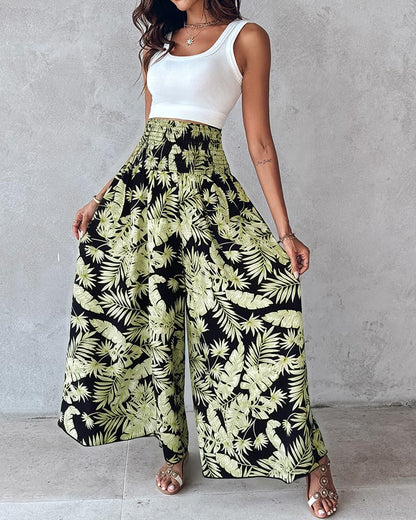 CHICME Boho Floral Shirred High Waisted Wide Leg Pants Flowy Palazzo Pants Summer Beach Vacation Wear