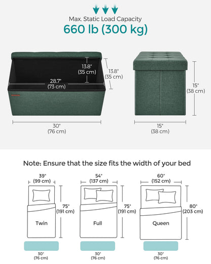 SONGMICS MAZIE Collection - 30 Inches Folding Storage Ottoman Bench, Ottoman Foot Rest, End of Bed Bench, Storage Chest, Load 660 lb, for Living Room, Bedroom, Entryway, Dark Gray ULSF47K