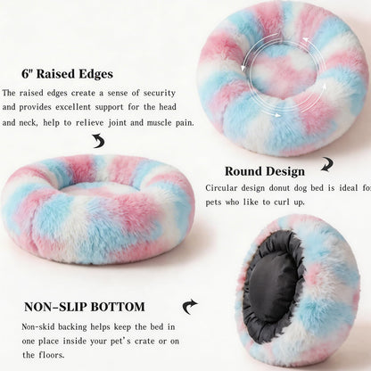 Small Calming Dogs Bed for Small Dogs Anti-Anxiety Machine Washable Fluffy Luxury Anti-Slip Waterproof Mute Base Warming Cozy Soft Pet Puppy Round Bed