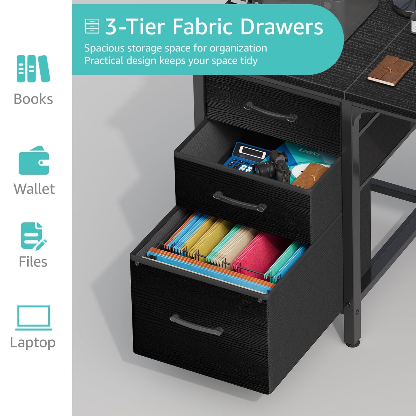 Lufeiya Computer Desk with File Drawers Cabinet, 47 Inch Reversible Home Office Desks with Filing Cabinet for Small Space, Gaming Study Writing Table PC Desks, Black