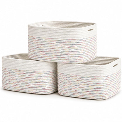 Light Honey Cotton Rope Baskets for Shelves, Set of 3 - 15"×10"×9½" - Woven Storage Baskets for Organizing - Closet, Nursery, Bedroom, Playroom - Toys, Books, Towels, Clothes