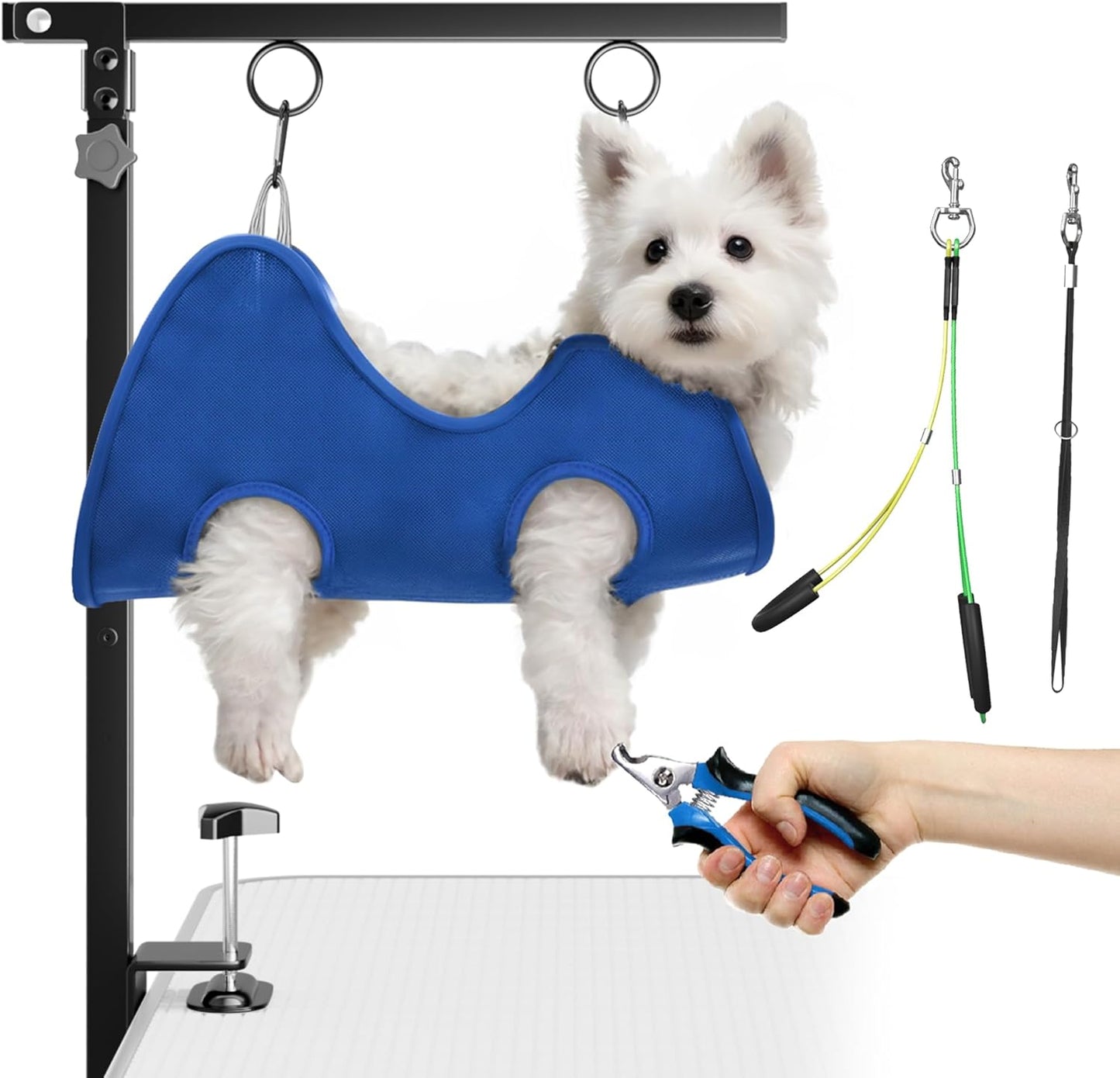 Dog Grooming Arm for Table, for Small Dogs, with Hammock & Haunch Holder | Foldable Arm with Clamp, Adjustable Height 26"-40", Pet Grooming Station for Home Nail Cutting & Trimming