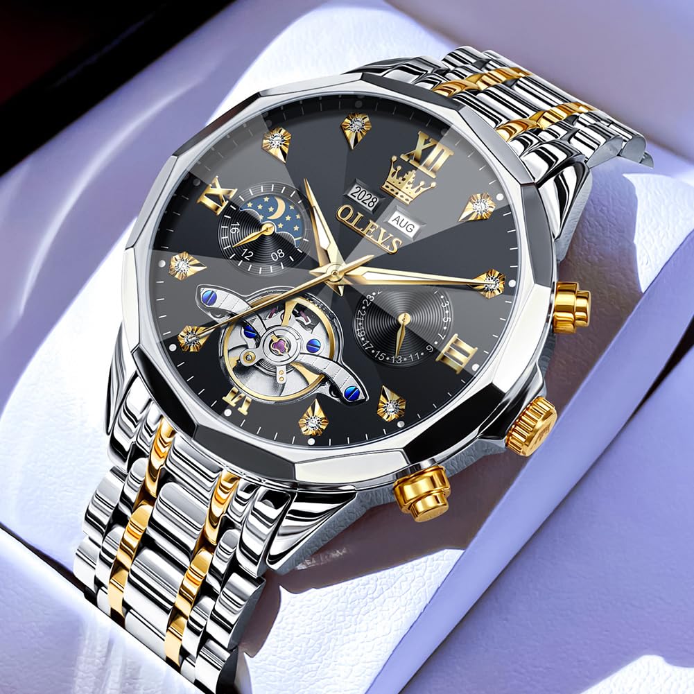 OLEVS Skeleton Men Watches Automatic Business Luxury Diamond Self Winding Watch for Men Stainless Steel Calendar Wrist Watch