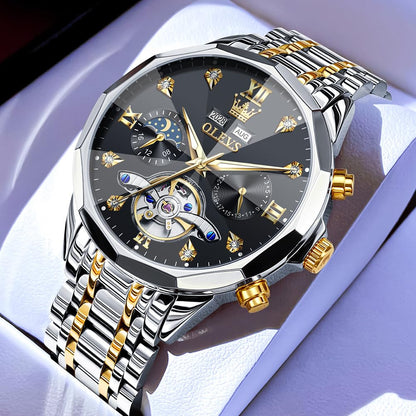 OLEVS Skeleton Men Watches Automatic Business Luxury Diamond Self Winding Watch for Men Stainless Steel Calendar Wrist Watch