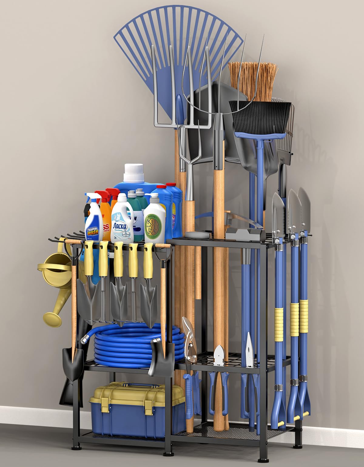 Garden Tool Organizer,Metal Yard Tool Organizer ,Holds 50 Long-Handled Tools/Rakes/Brooms,Side Garden Pocket ,Heavy Duty Steel Yard Tool Storage Rack for Garage,Shed, Outdoor