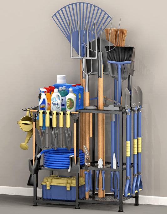 Garden Tool Organizer,Metal Yard Tool Organizer ,Holds 50 Long-Handled Tools/Rakes/Brooms,Side Garden Pocket ,Heavy Duty Steel Yard Tool Storage Rack for Garage,Shed, Outdoor