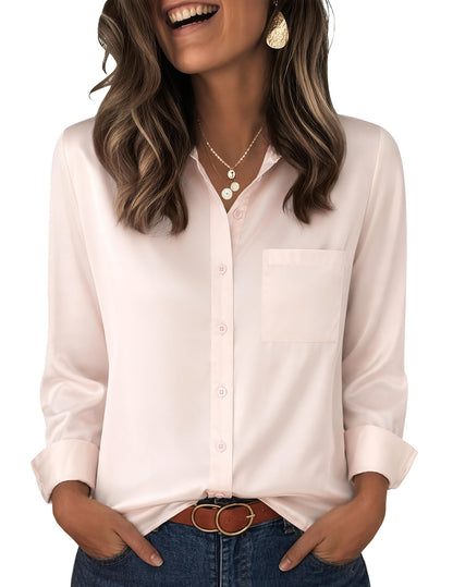 Zeagoo Womens Tops Satin Blouse Long Sleeve Shirts V Neck Dressy Casual | Button Down Business Outfits Fall Fashion With Pockets