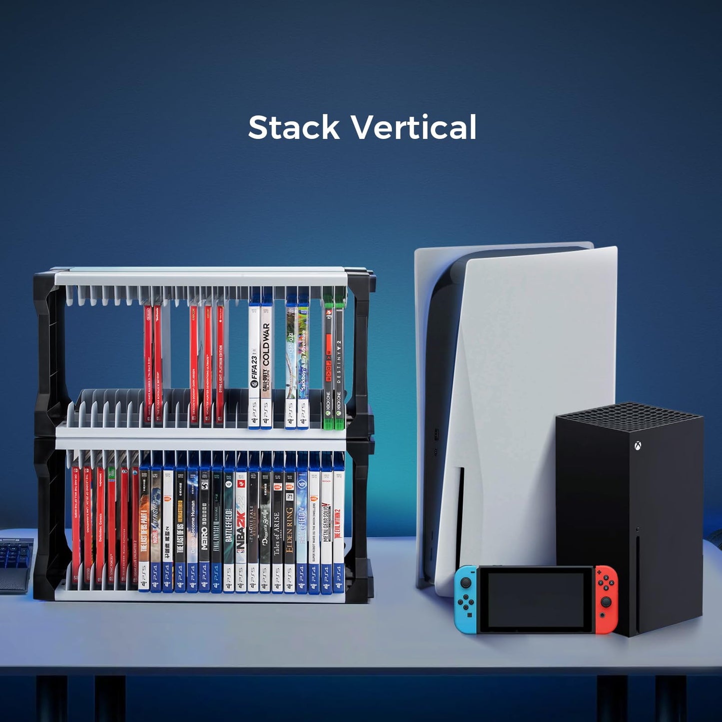 ASFSKY Video Game Storage Tower - 24 Games Holder Stand with 2 Controller Hooks Universal Video Game Organizer Compatible with PS5, PS4, Xbox & Switch Games (23Pcs)