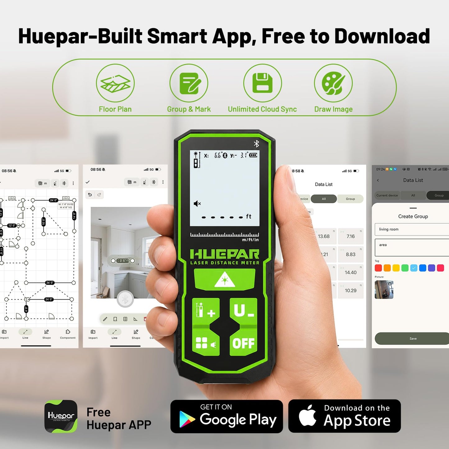 Huepar 395FT Bluetooth Green Laser Measuring Tool S120-G-BT | 1/16in Accuracy, APP Control, Angle Sensor, Carry Bag, Laser Distance Measurement Tool, Digital Laser Room Measuring Device