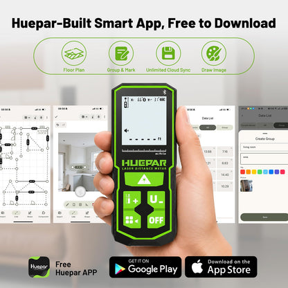 Huepar 395FT Bluetooth Green Laser Measuring Tool S120-G-BT | 1/16in Accuracy, APP Control, Angle Sensor, Carry Bag, Laser Distance Measurement Tool, Digital Laser Room Measuring Device