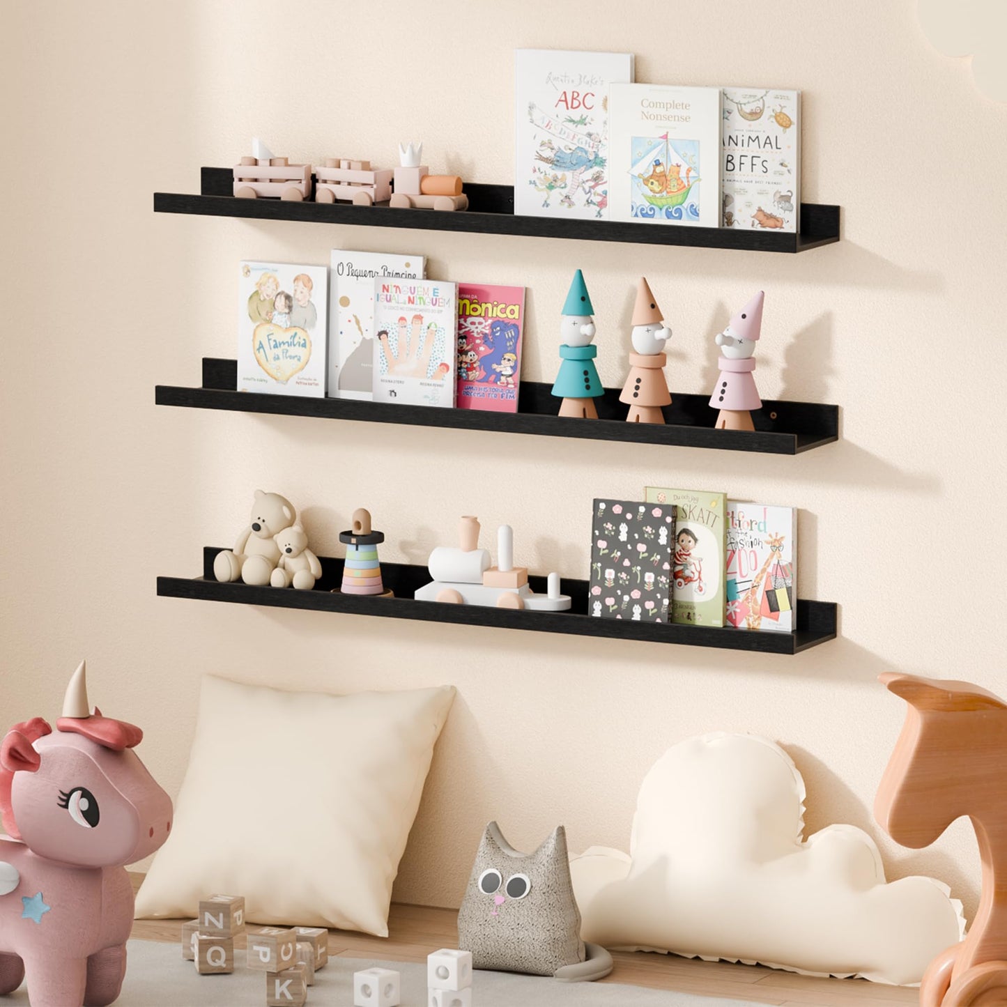 upsimples Floating Shelves for Wall, Wall Shelves for Decor Storage Set of 6, Wall Mounted Wood Shelf for Bedroom, Living Room, Bathroom, Kitchen, Picture Ledge Shelf, Black