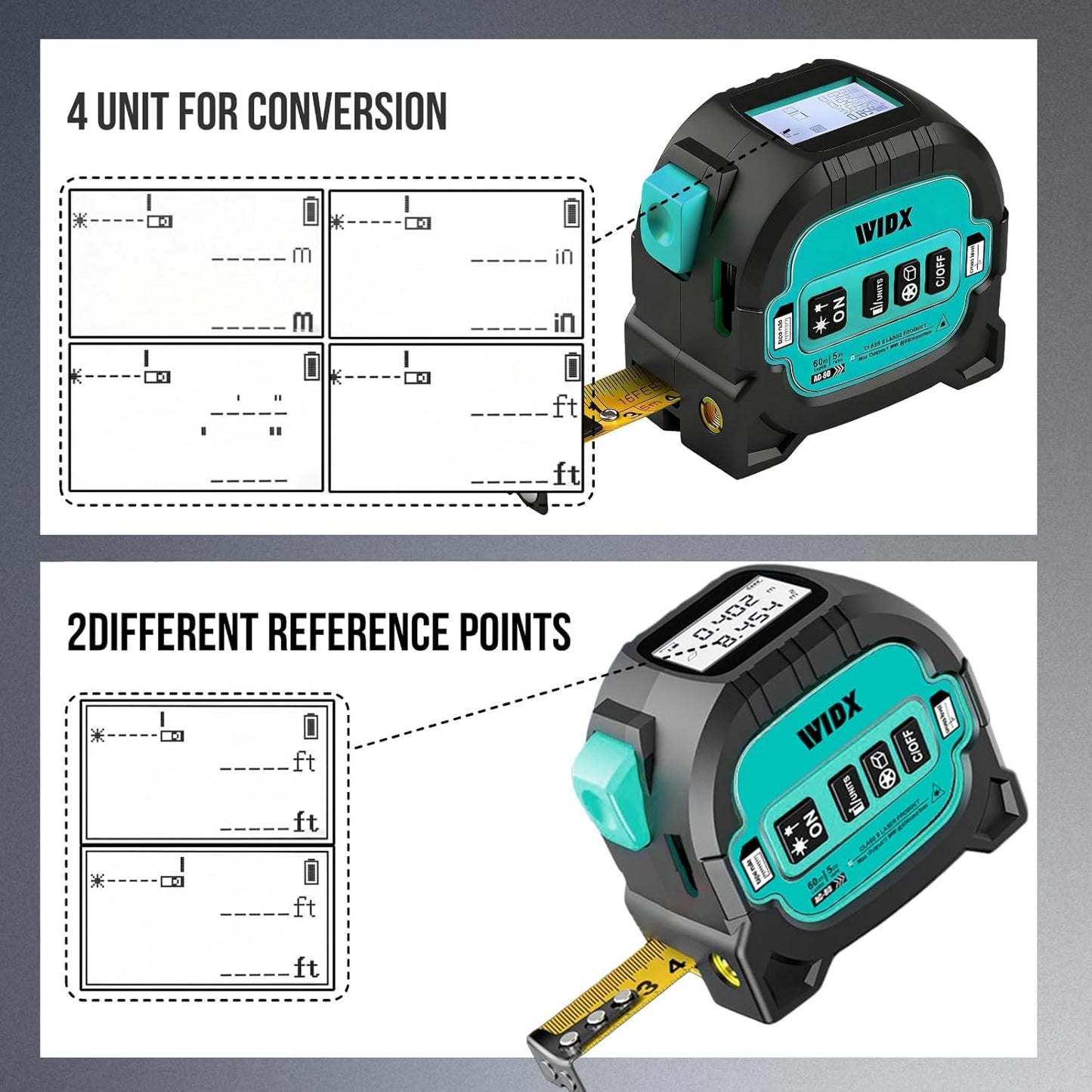 WIDX 3-in-1 Laser Tape Measure with Cross Line, 196ft Laser Rangefinder & 16ft Auto-Lock Tape Measure with Magnet, Laser Measuring Tape for in/Ft/M/Ft+n Unit, Linear/Area/Volume