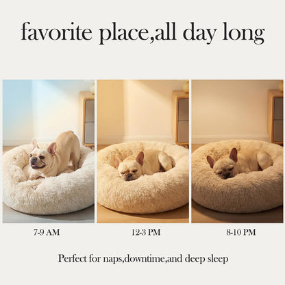 Small Calming Dogs Bed for Small Dogs Anti-Anxiety Machine Washable Fluffy Luxury Anti-Slip Waterproof Mute Base Warming Cozy Soft Pet Puppy Round Bed