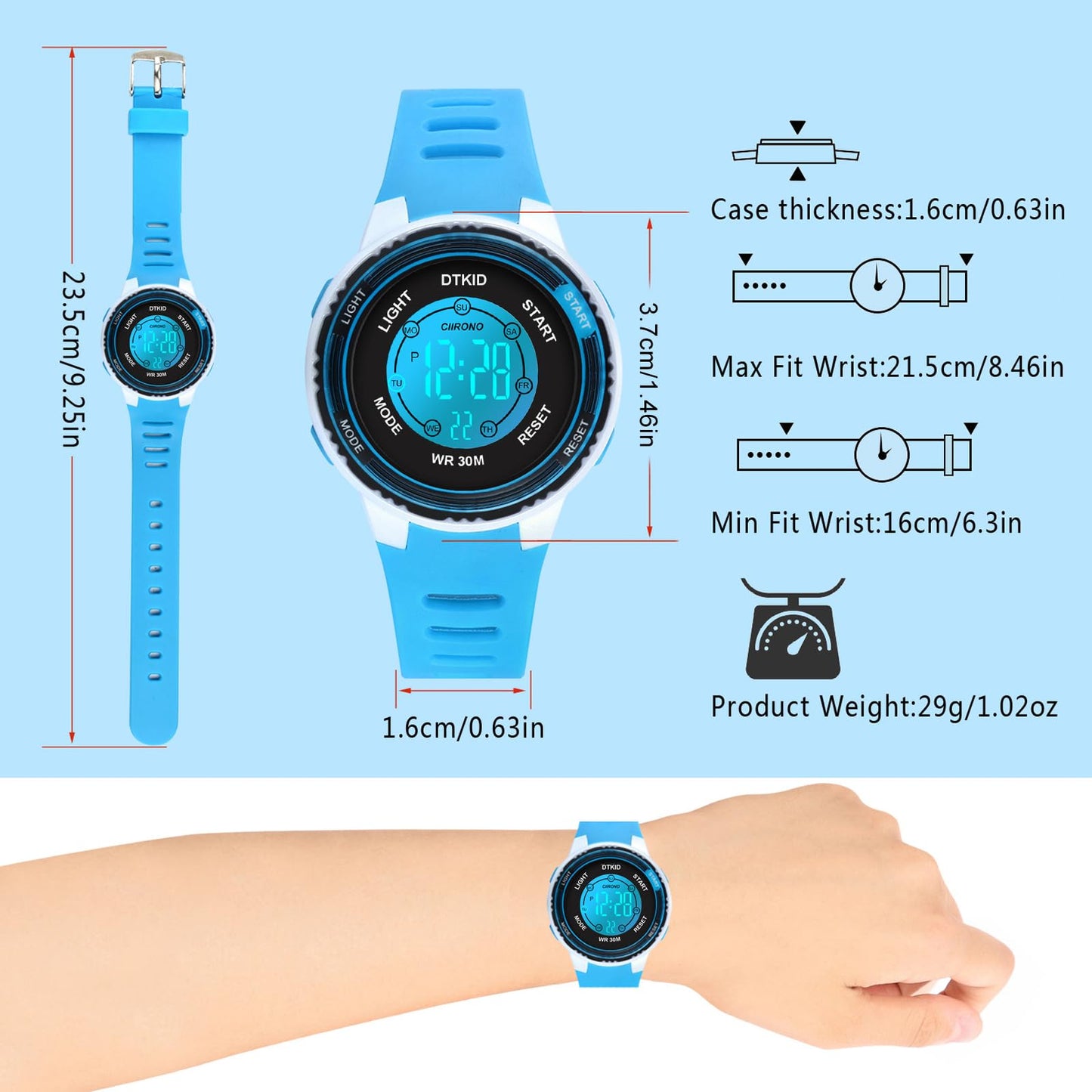 DTKID Digital Kids Watch 30 M Waterproof, 7 Color Lights Time Teaching Watch Easy to Read for Girls Boys 5-16